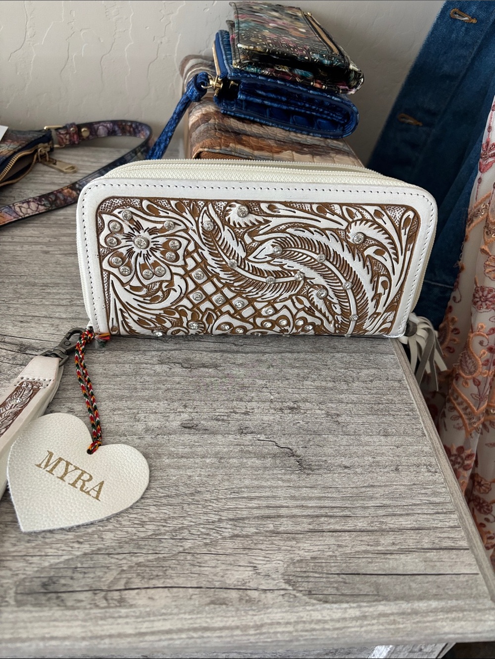 Myra Bag White and Brown Floral Tooled Zip Wallet with Heart Charm
